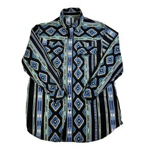 VTG Mens Western Pearl Snap Button Up Long Sleeve Shirt Aztec Cowboy Black Sz L
